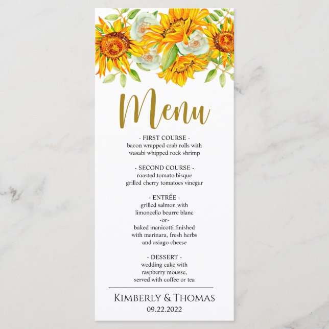 Menu Mariage Fleurs de soleil d'aquarelle (Devant)