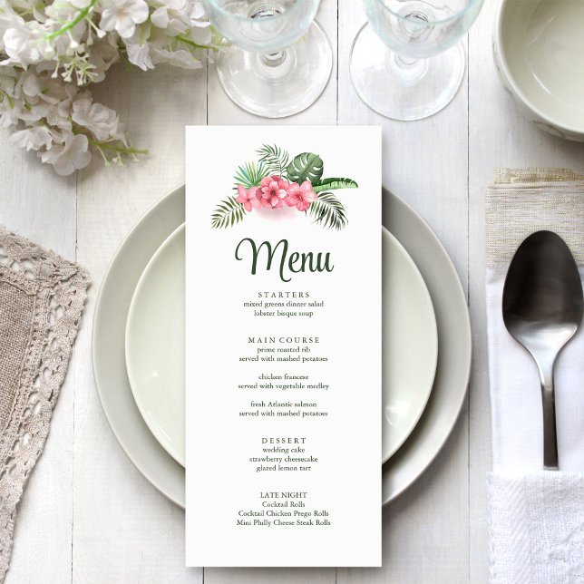 Menu Mariage Fleurs Tropicales Roses (Pink Tropical Flowers Wedding Menu on white wedding table.)