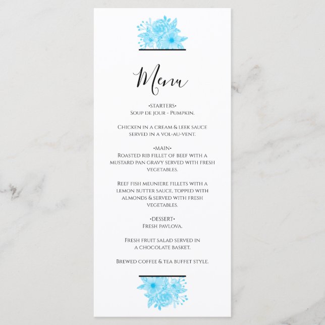 Menu Mariage floral à aquarelle bleue (Devant)