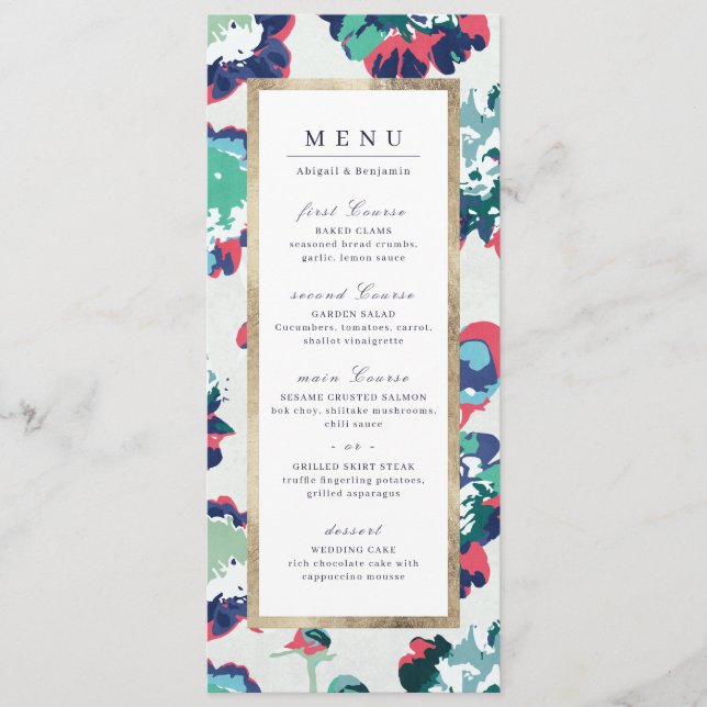 Menu Mariage floral abstrait or vert classique (Devant)