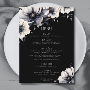 Menu Mariage Floral Anémone Noir Élégant Moderne