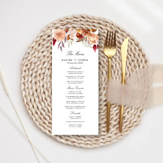Menu Mariage Floral Aquarelle Rouge Bourgogne