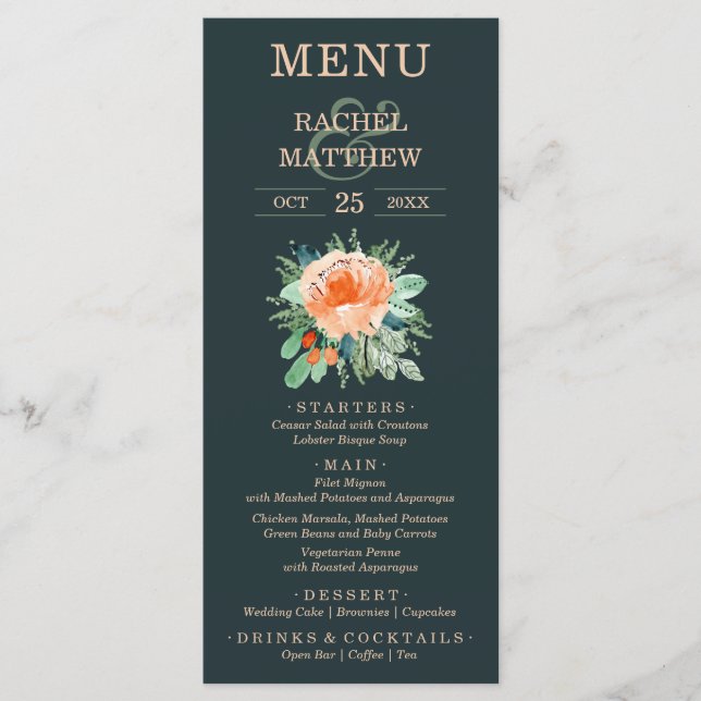 Menu Mariage Floral Aquarelle Turquoise (Devant)
