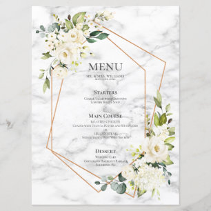 Menu Mariage floral blanc blanc en marbre géométrique c