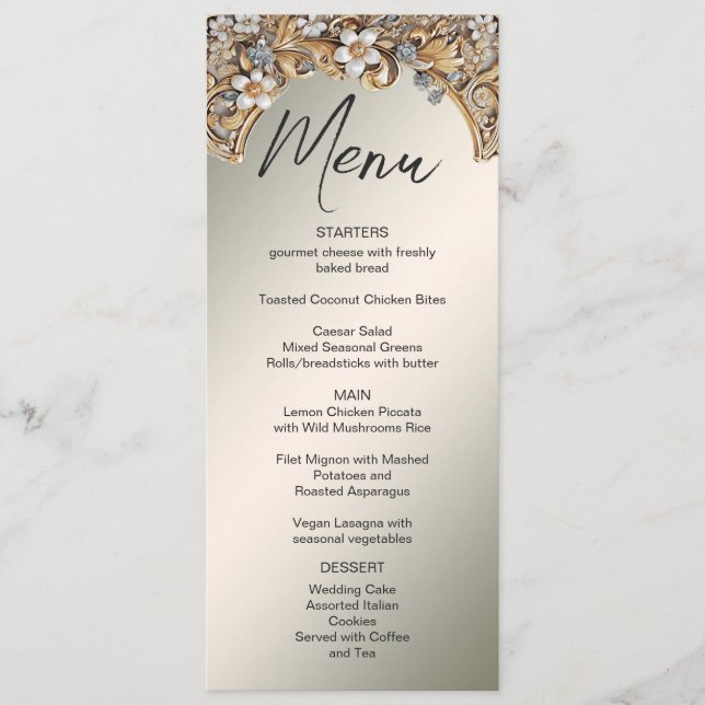 Menu Mariage Floral Blanc Or Décor (Devant)