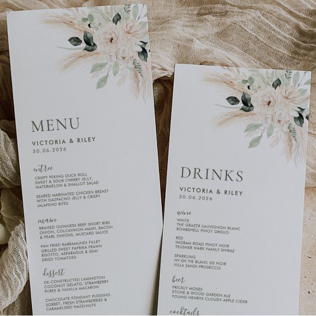 Menu Mariage Floral Blanc Vert VICTORIA (VICTORIA SUITE | Double Sided Menu / Drinks Menu | Matching items available)
