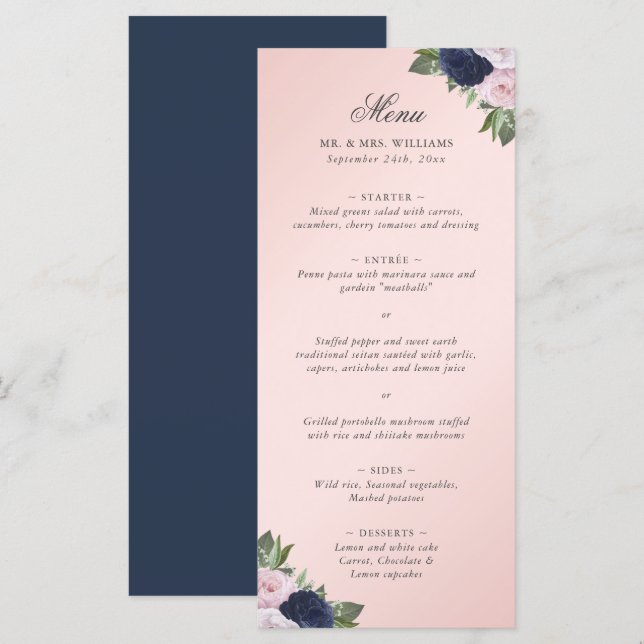 Menu Mariage floral bleu bleu bleu bleu rose (Devant / Derrière)