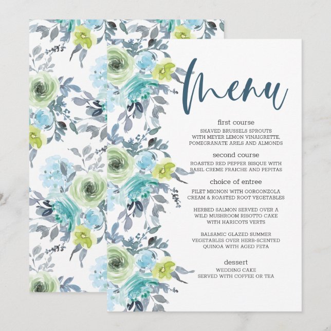 Menu Mariage Floral bleu clair jaune vert (Devant / Derrière)