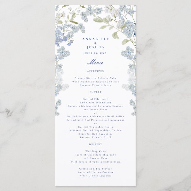 Menu Mariage Floral bleu français (Devant)