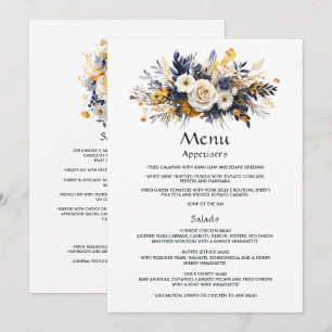 Menu Mariage floral bleu marine, blanc et or