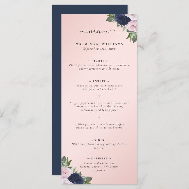 Menu Mariage floral bleu marine et blanc (Devant / Derrière)