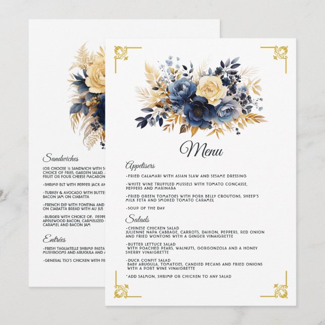 Menu Mariage floral bleu marine et or (Devant / Derrière)