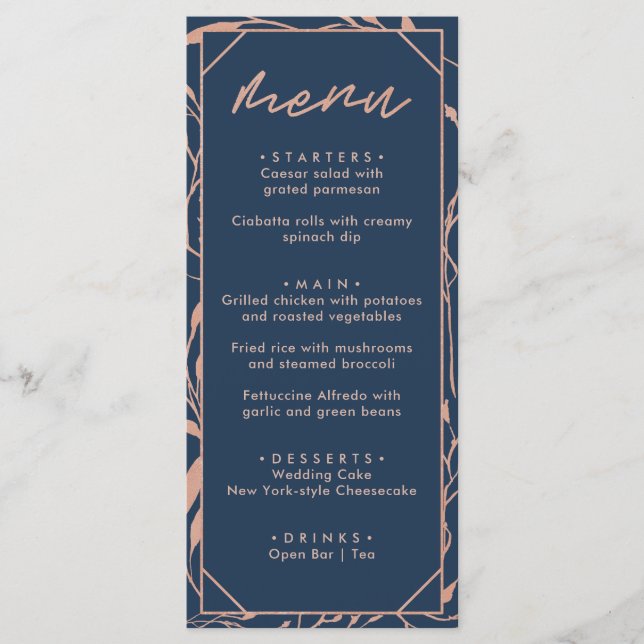 Menu Mariage floral bleu marine moderne et Rose or  (Devant)
