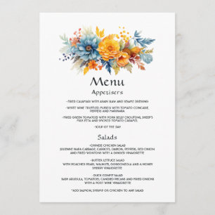 Menu Mariage floral bleu, orange et jaune