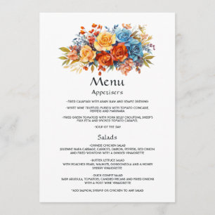 Menu Mariage floral bleu, orange, jaune et rouge