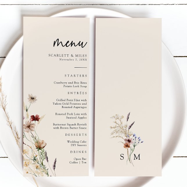 Menu Mariage Floral Boho (Tan Wildflower Floral Boho Wedding Menu by Painted Paperie
)
