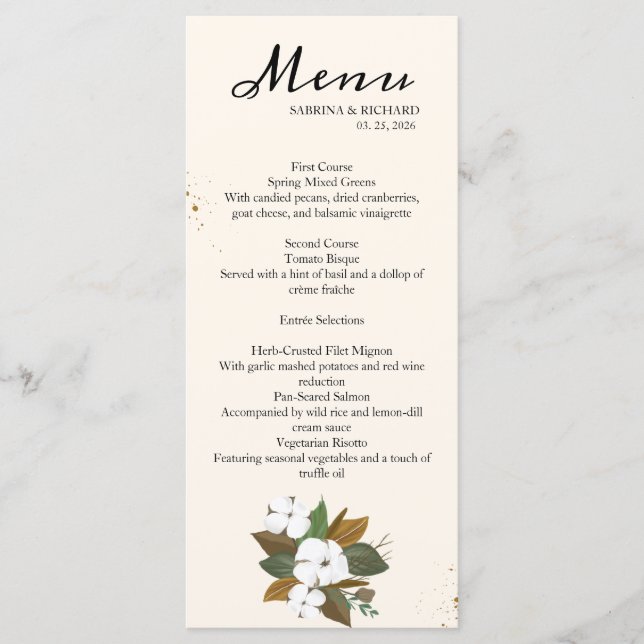 Menu Mariage Floral Brown Et Crème Moderne (Devant)