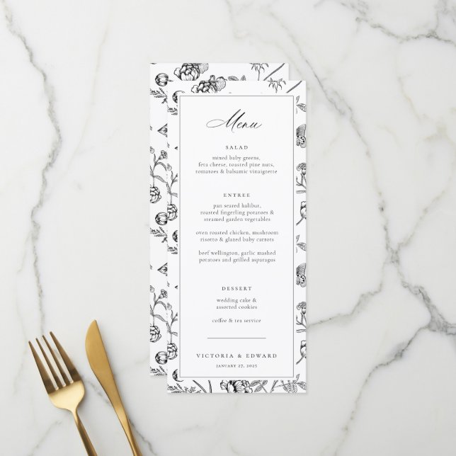 Menu Mariage floral de la Chinoiserie noire (Devant/Arrière en situation)