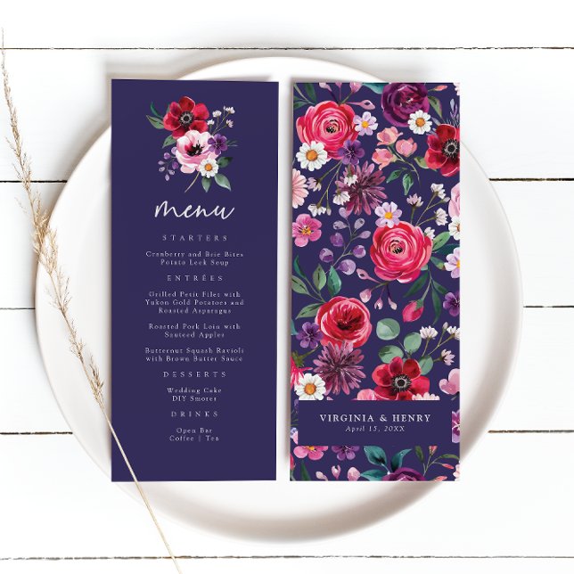 Menu Mariage floral de la marine (Watercolor Navy Blue Floral Wedding Menu by Painted Paperie
)