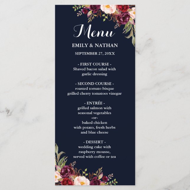 Menu Mariage Floral de la marine de Bourgogne (Devant)
