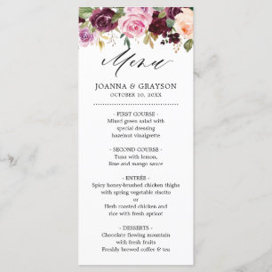 Menu Mariage floral de Plum violet rose pâle