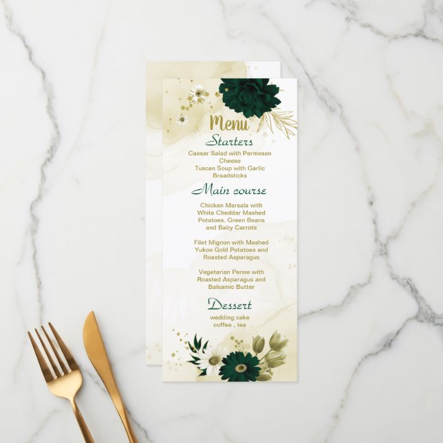 Menu Mariage floral d'ivoire vert émeraude (Devant/Arrière en situation)