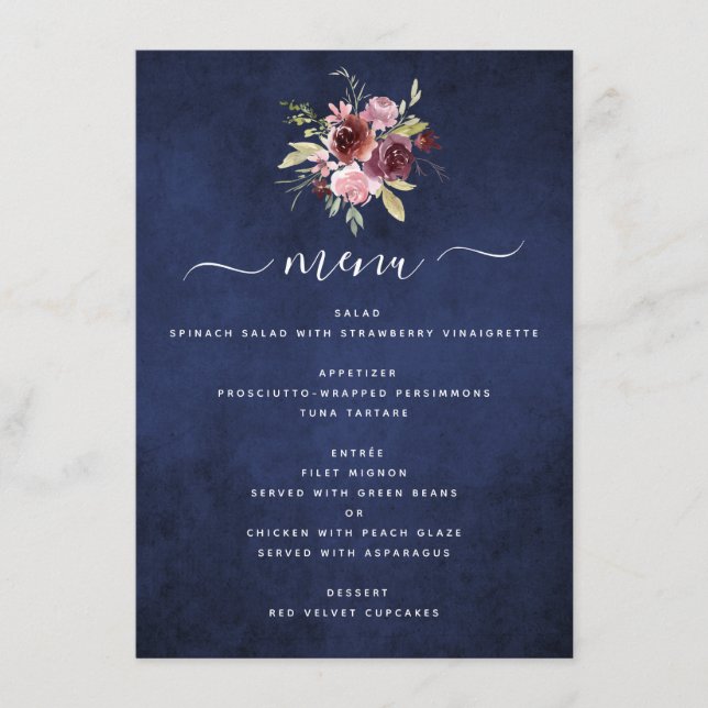 Menu Mariage floral géométrique bleu de la marine de Bo (Devant)