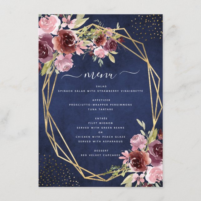 Menu Mariage floral géométrique bleu de la marine de Bo (Devant)