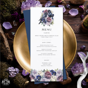 Menu Mariage Floral Gothique Violet Aquarelle Corbeaux
