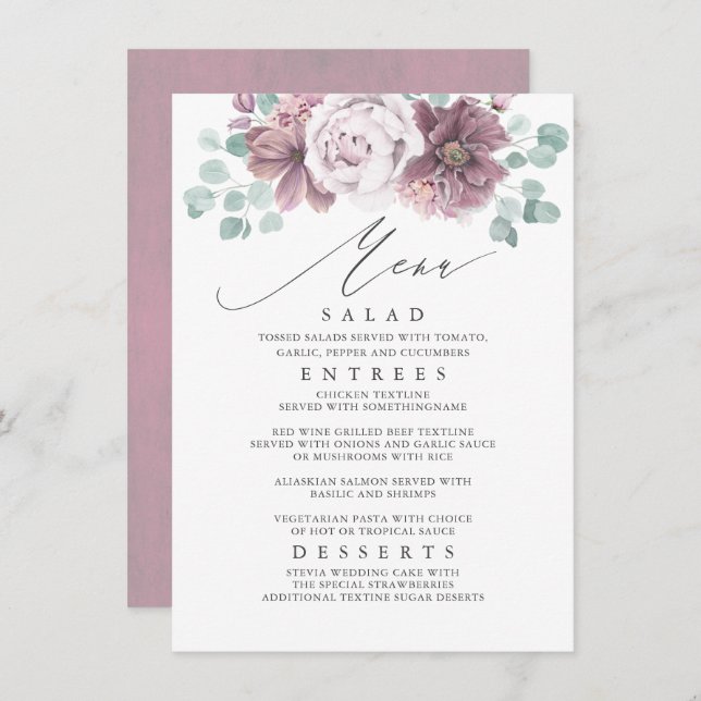 Menu Mariage Floral Mauve (Devant / Derrière)