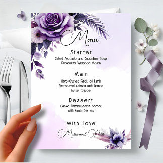 Menu Mariage floral moderne, élégant, violet et argent