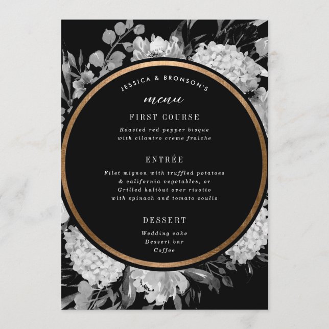 Menu Mariage floral moderne noir et blanc (Devant)