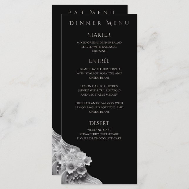 Menu Mariage floral moderne noir et blanc- (Devant / Derrière)