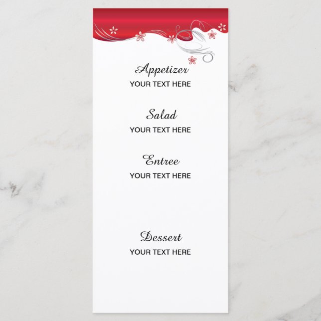 Menu Mariage floral moderne | Rouge profond et argent (Devant)