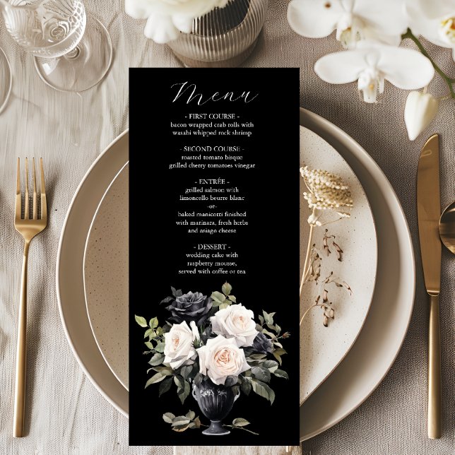Menu Mariage floral noir et blanc moderne (Créateur téléchargé)
