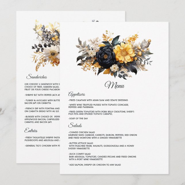 Menu Mariage floral noir et or (Devant / Derrière)