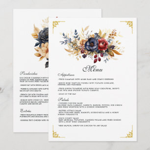 Menu Mariage floral or, bleu marine et bordeaux