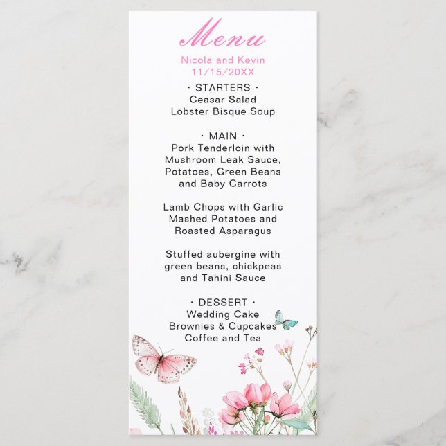 Menu Mariage floral papillon rose de printemps (Devant)