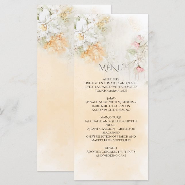 Menu Mariage floral Pastel jaune et rose (Devant / Derrière)
