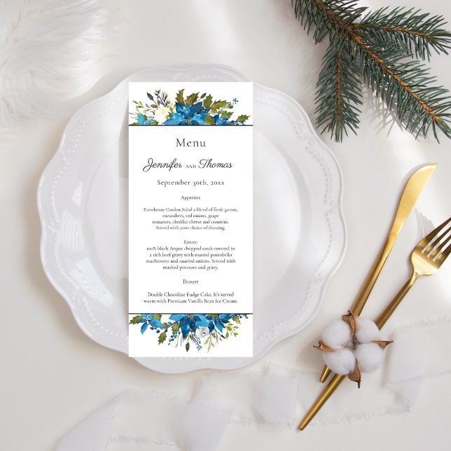 Menu Mariage Floral Poinsettia | bleu turquoise (Créateur téléchargé)