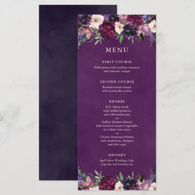 Menu Mariage Floral Purple d'aubergine (Devant / Derrière)