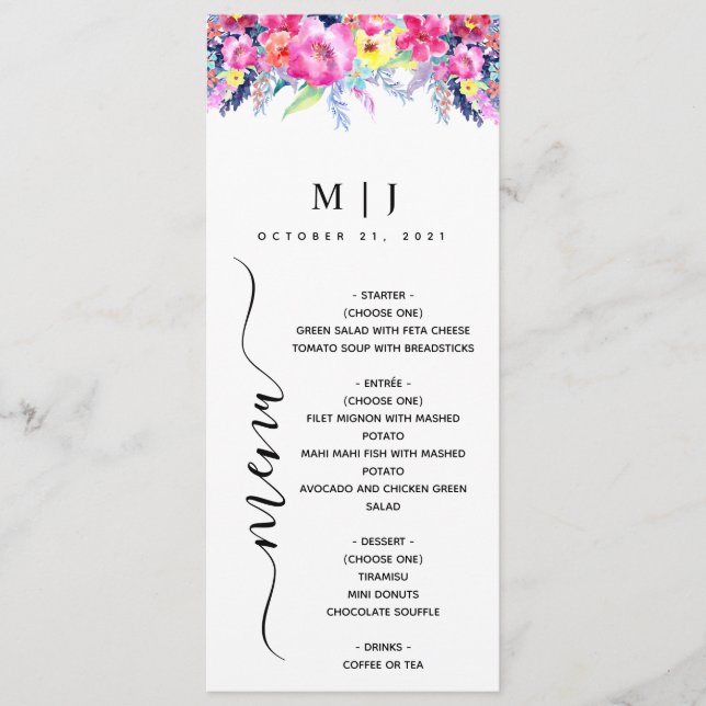 Menu Mariage floral rose et jaune chaud (Devant)