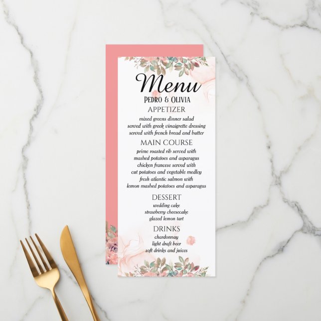 Menu Mariage floral rose moderne (Devant/Arrière en situation)