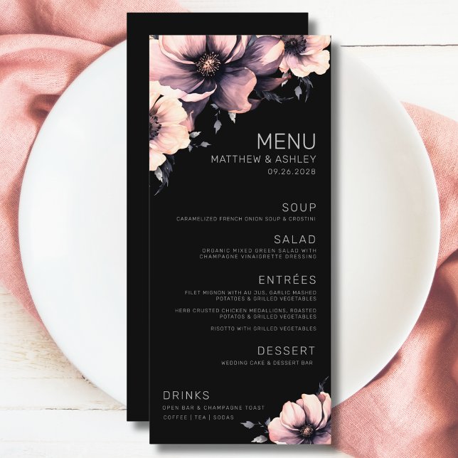 Menu Mariage floral rose noir moderne (Unique Elegant Modern Floral Pink Black Wedding Menu)