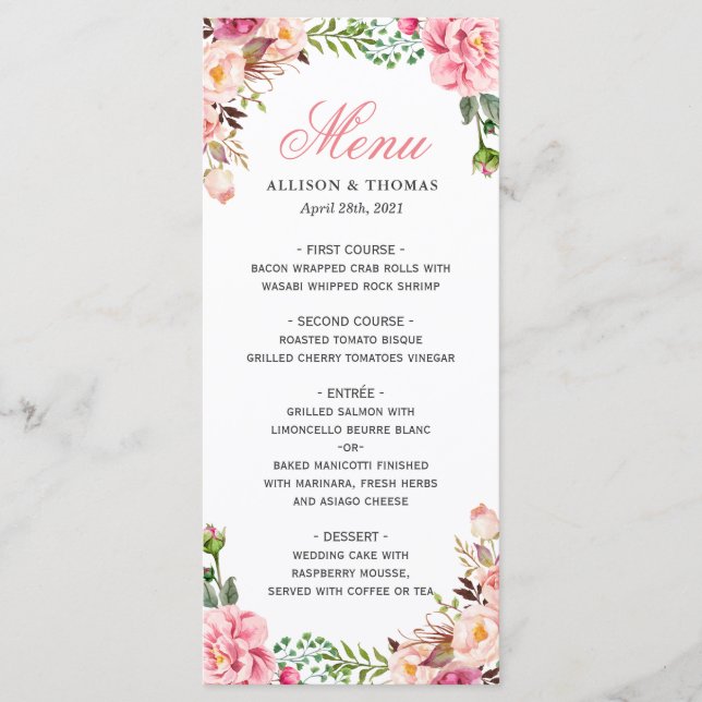 Menu Mariage floral rose pâle (Devant)