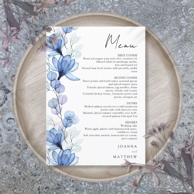 Menu Mariage floral transparent bleu moderne (Modern Blue Transparent Floral Wedding Menu)