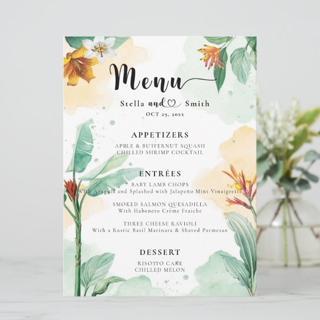 Menu Mariage floral tropical coloré (Debout devant)