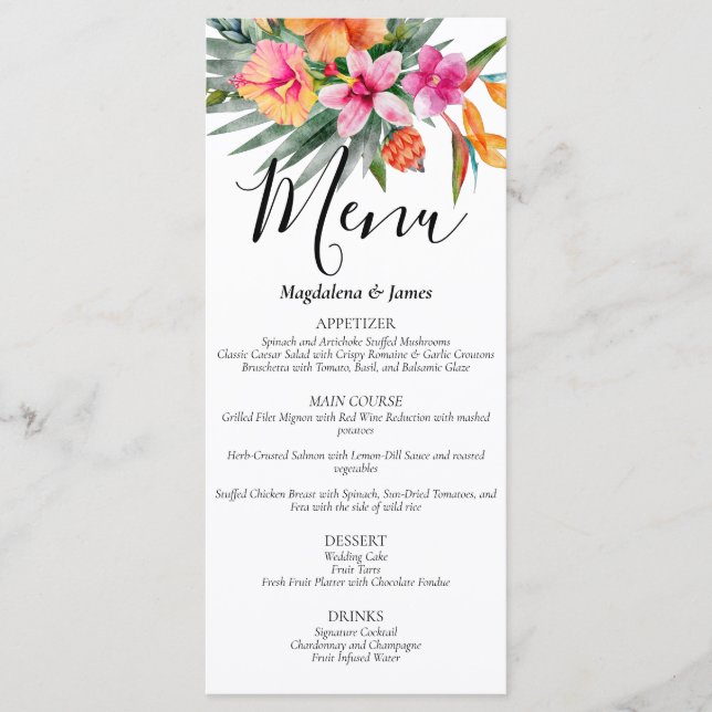 Menu Mariage floral tropical rose et orange (Devant)