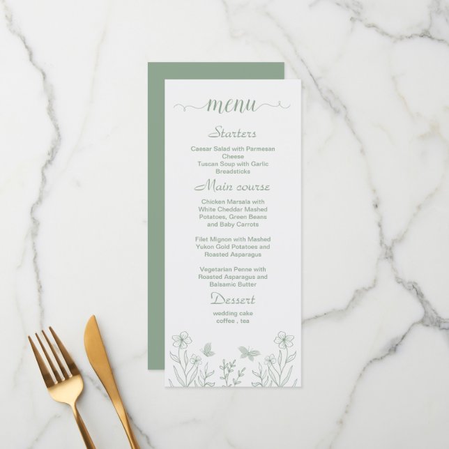 Menu Mariage floral vert sauge simple (Devant/Arrière en situation)