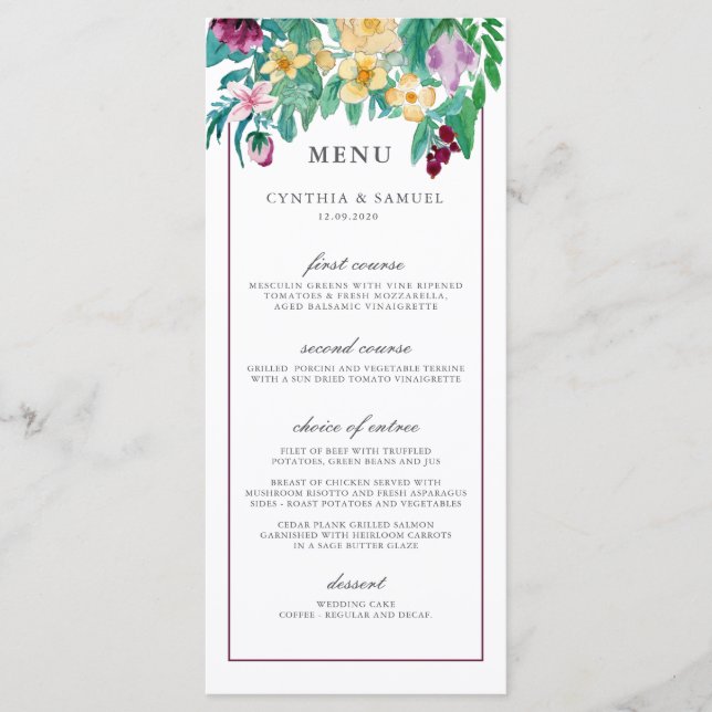 Menu Mariage Flores d'aquarelle moderne (Devant)